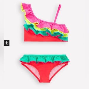 Mini Boden Pink, Coral & Green Ruffle Two-Piece Swim Set